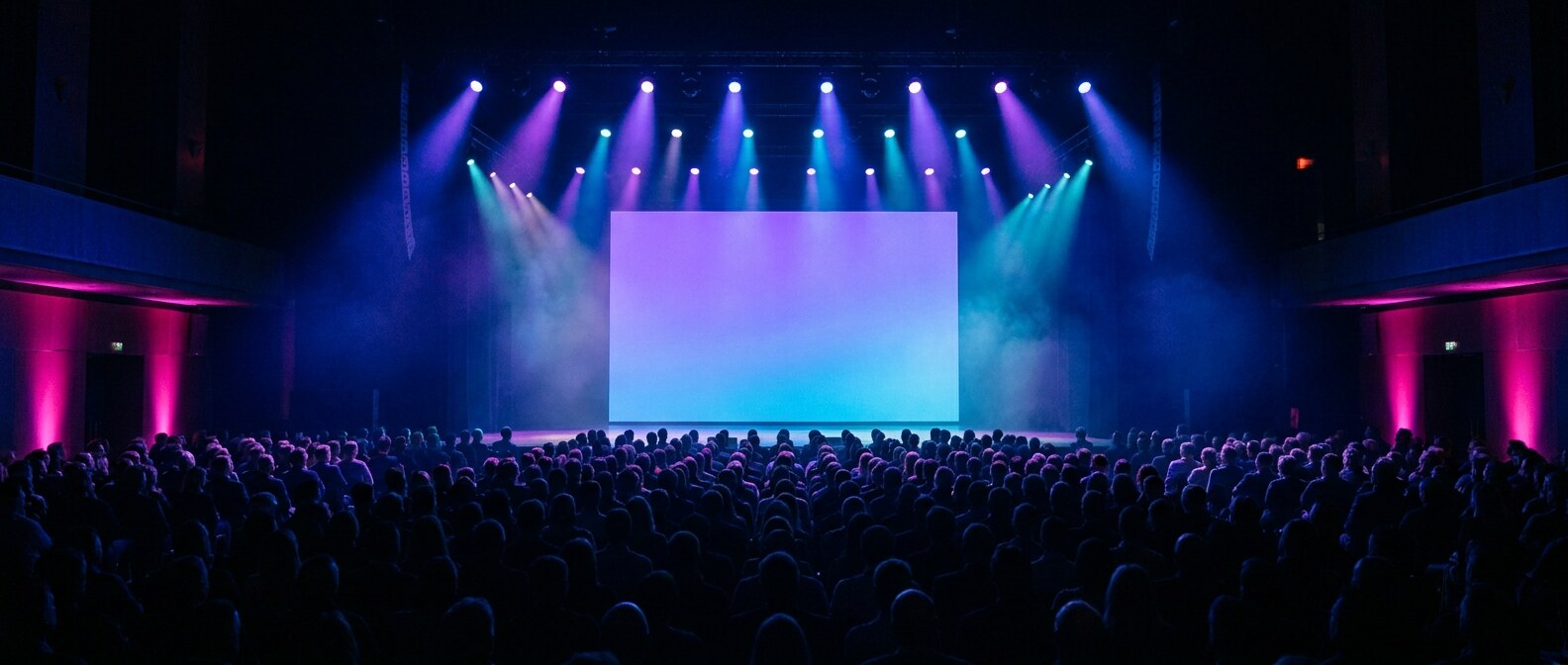 A packed audience at the Raise Next summit under violet and cyan stage lighting